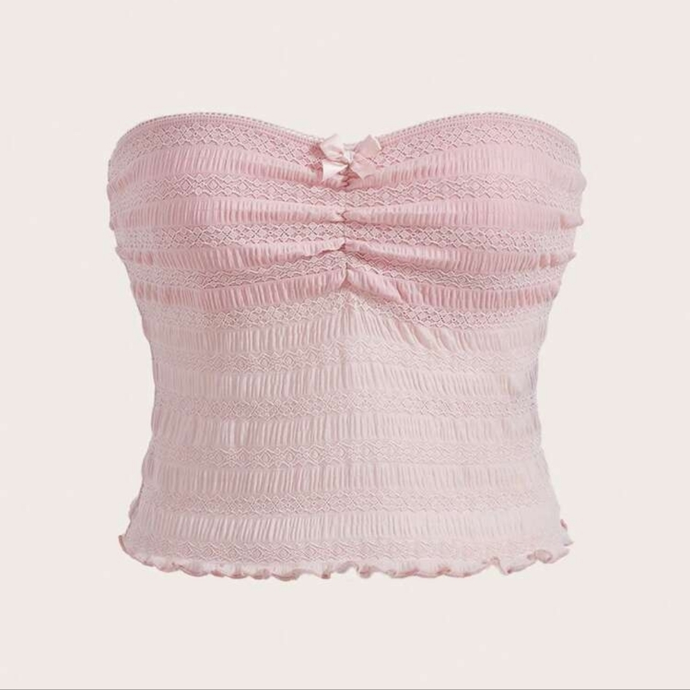 Blush Pink Bow Front Lettuce Trim Ruched Tube Top S Smocked Bandeau Coquette
